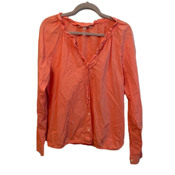 LOFT 100% cotton blouse with ruffle neckline - Picture 1 of 4